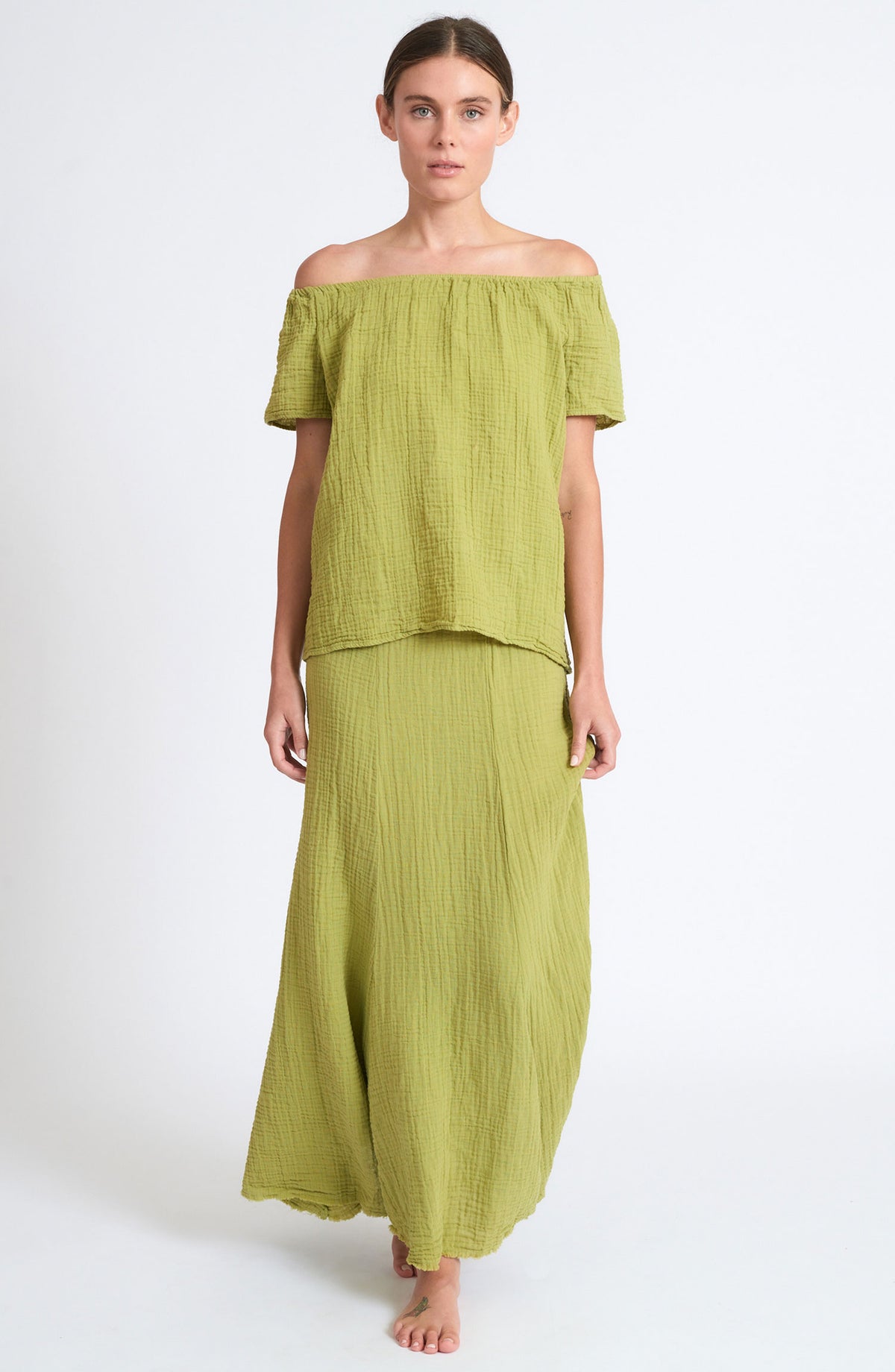Gauze Off-the- Shoulder Top ~ Wasabi