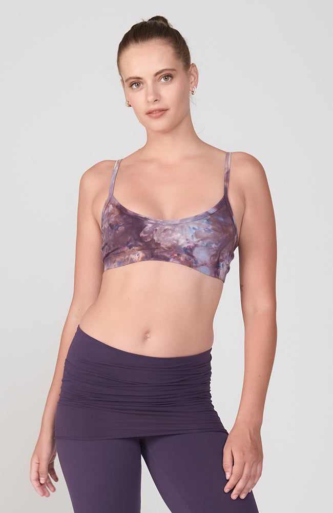 Gorgeous purple, light blue, swirling tie dye on our scoop neck cami bralette.