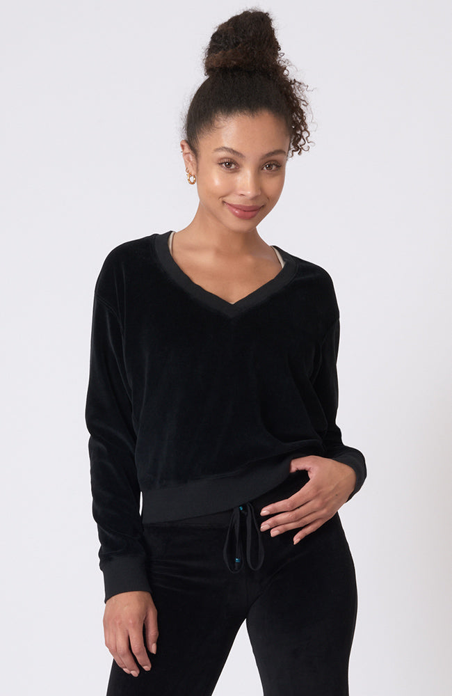 Velour V Neck Sutra Sweatshirt ~ Black