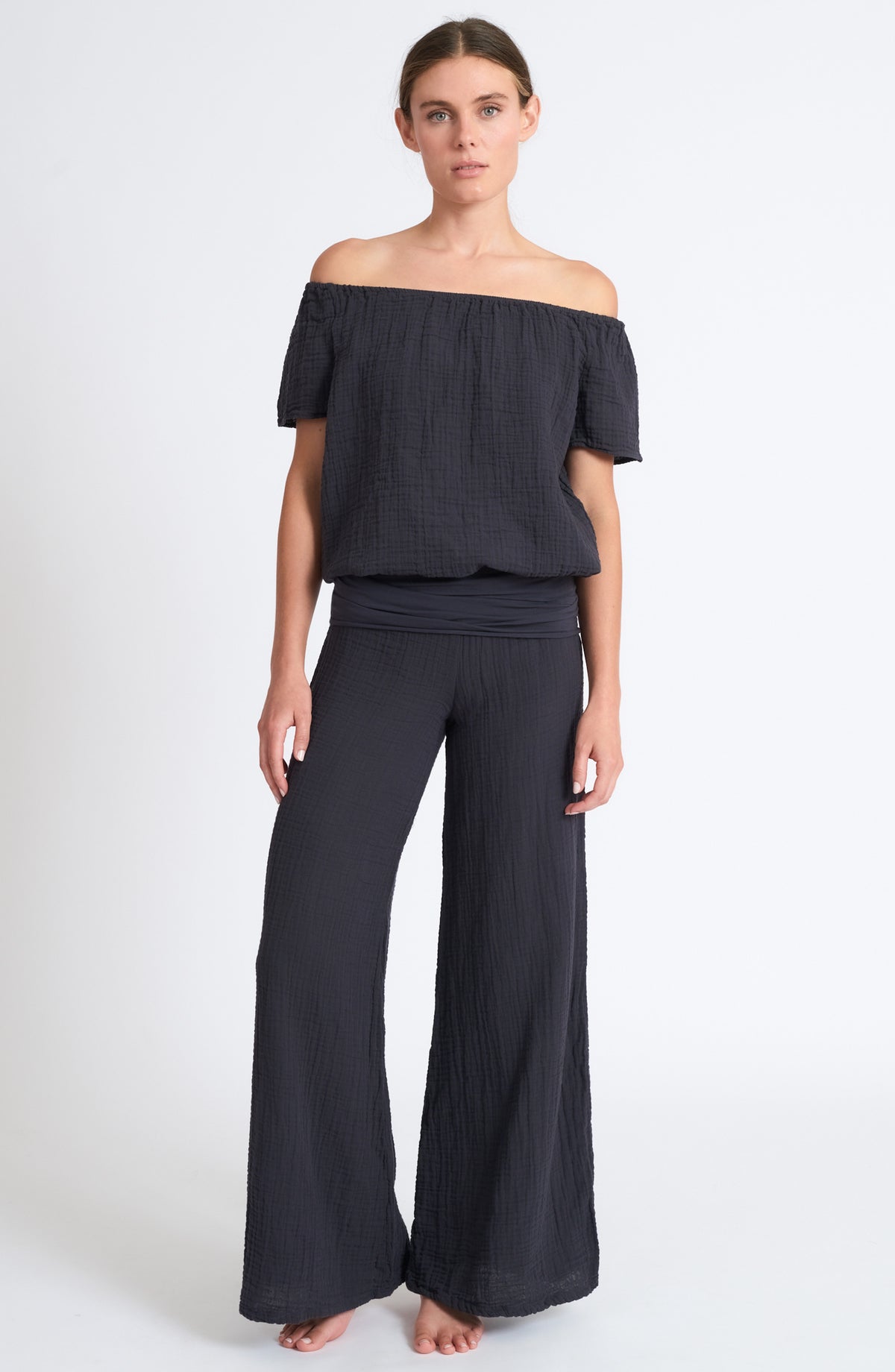 Light Black, Charcoal off hte shoulder gauze top with gauze wide leg paradise nomad pants