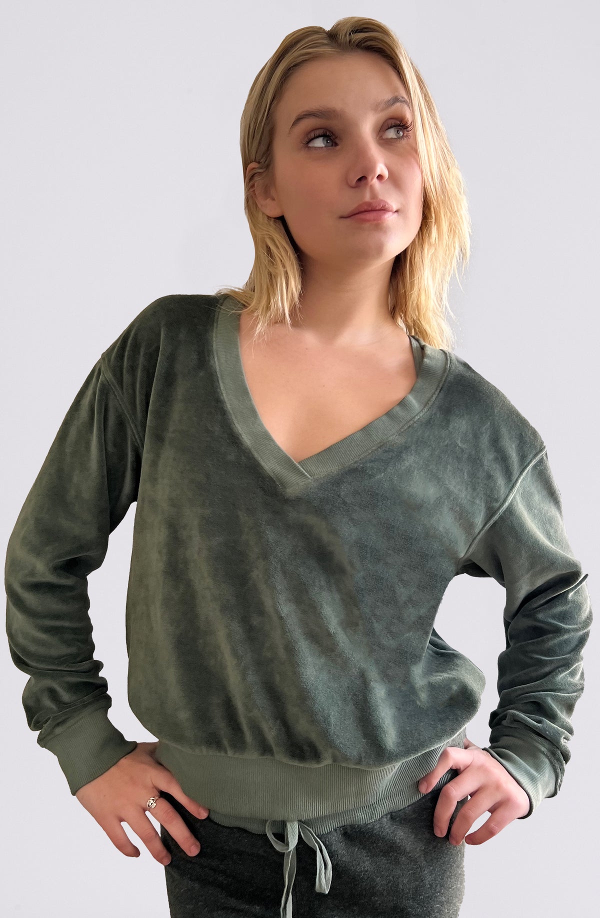 Velour V Neck Sutra Sweatshirt ~ Herb