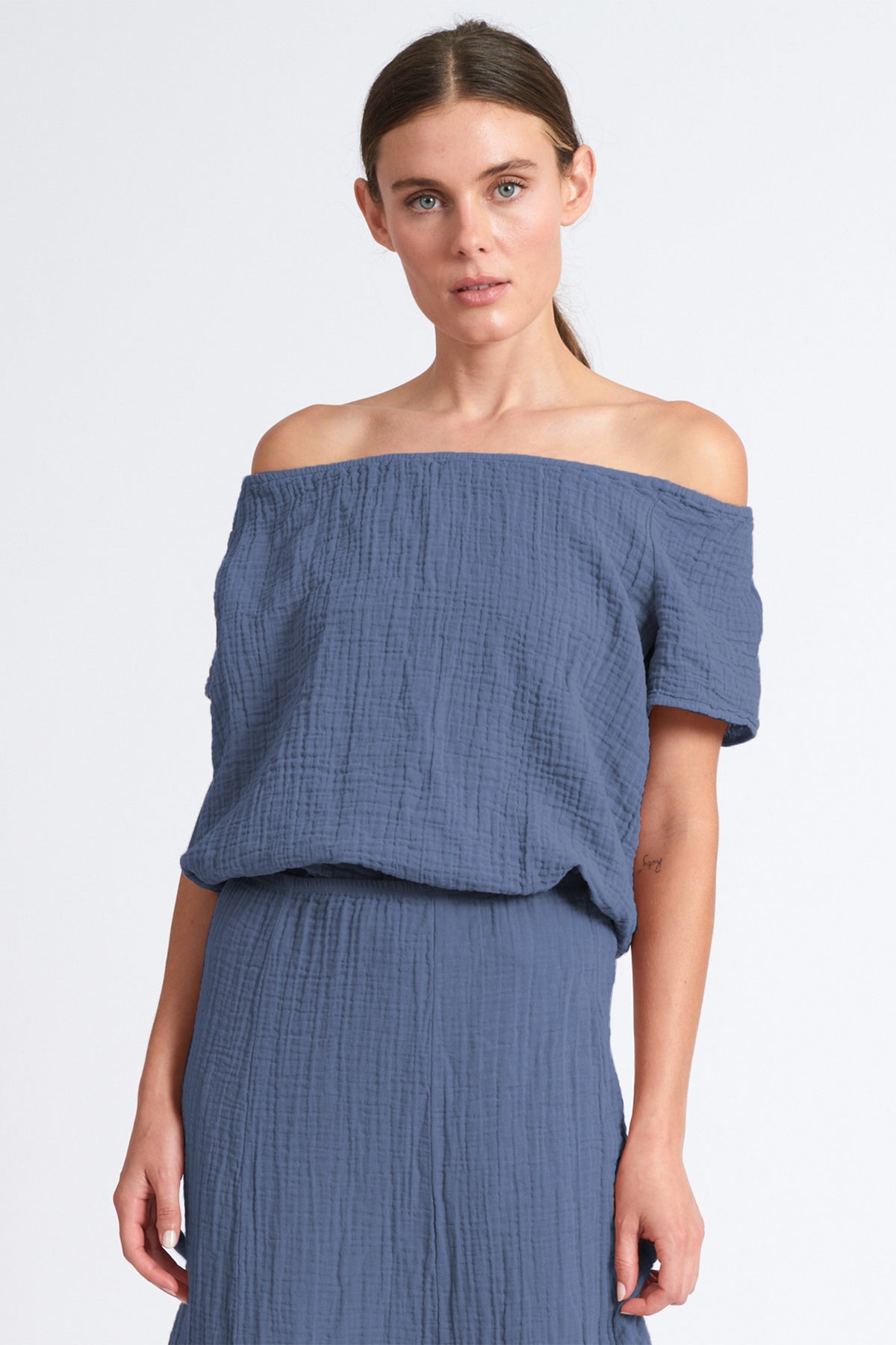 Gauze Off-the- Shoulder Top ~ Denim