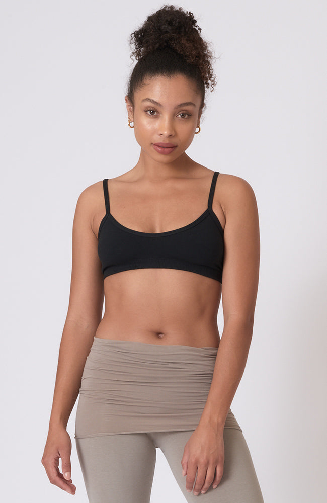 Black Bralette in Organic Cotton Lycra. Scoop neck Cami style with thin straps and elastic under the bust.