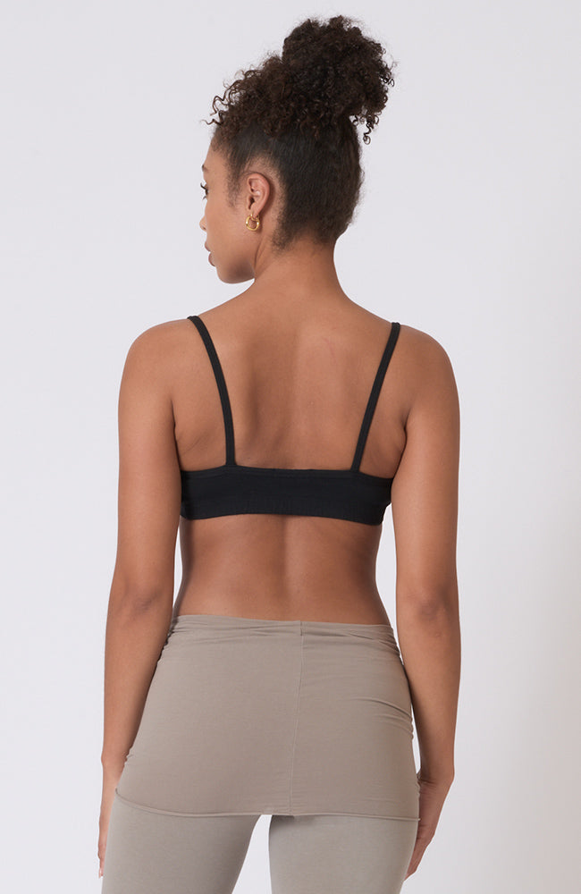 Back view of Black Bralette Sturdy thin straps and elastic under the bust.