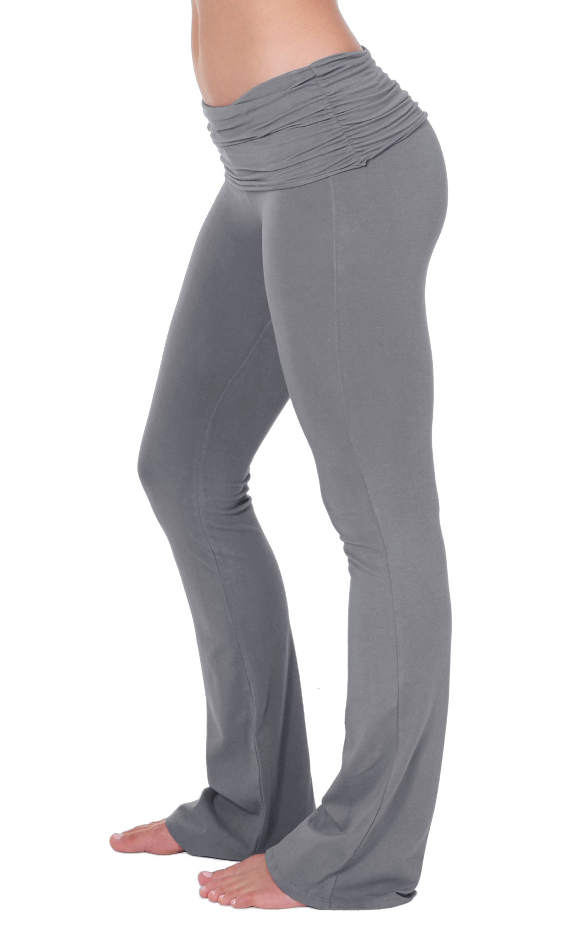 close up side view of Sterling Grey Organic cotton lycra  bootleg flare yoga activewear pant